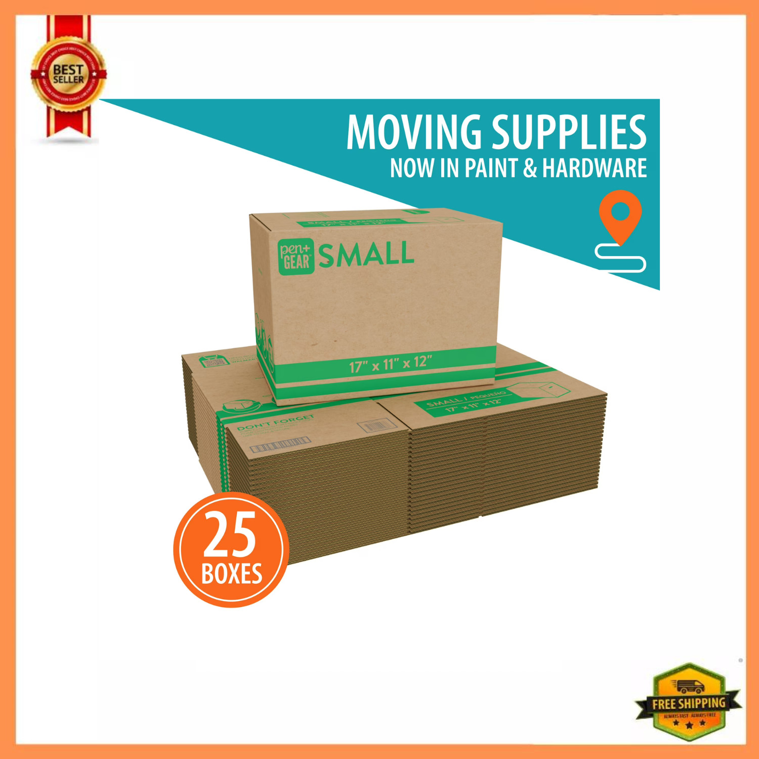 (25 pack) Pen+Gear Small Moving Boxes, 17 in. L x 11 in. W x 12 in. H, Kraft