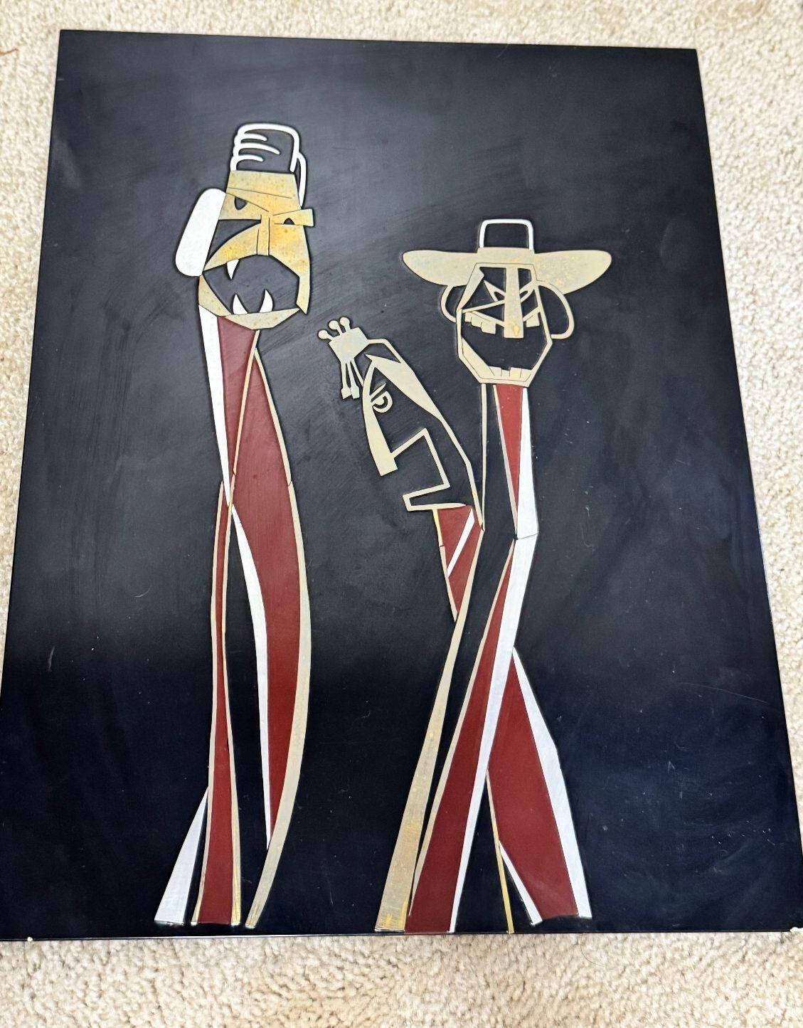 Vintage MCM Mexican Popotillo Straw Art Panel - Abstract Musicians