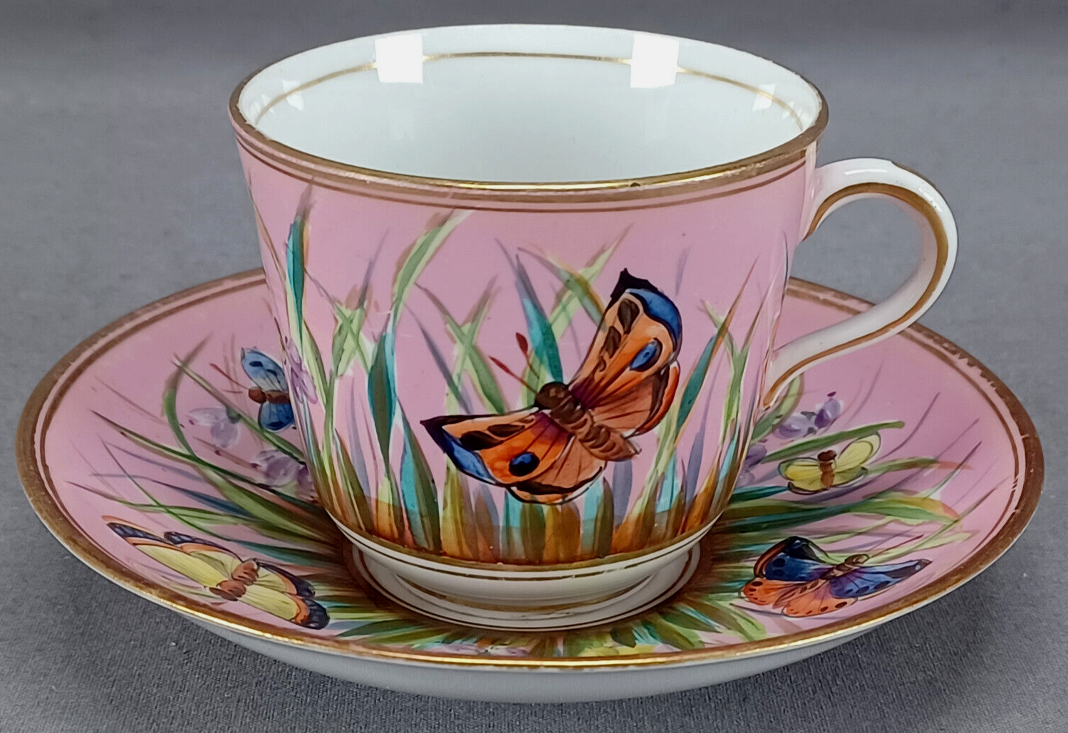 British Hand Painted Butterflies Pompadour Pink & Gold Coffee Cup & Saucer A