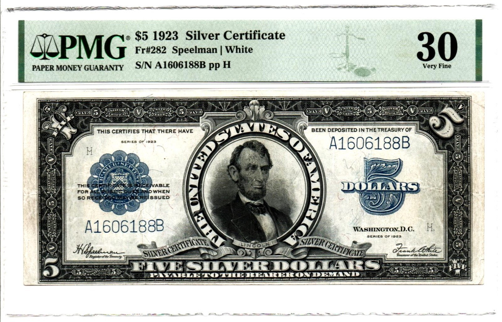 Fr. 282 $5 1923 Silver Certificate PMG Very Fine 30. A solid mid-grade example Fr. 282 $5 1923 Silver Certificate PMG Very Fine 30. A solid mid-grade example