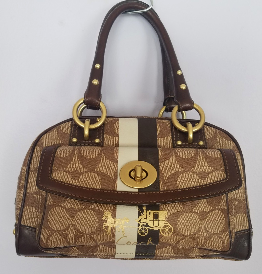 Coach Heritage Stripe Brown Monogram Leather Domed Zip Handbag Purse L086913194 Coach Heritage Stripe Brown Monogram Leather Domed Zip Handbag Purse L086913194