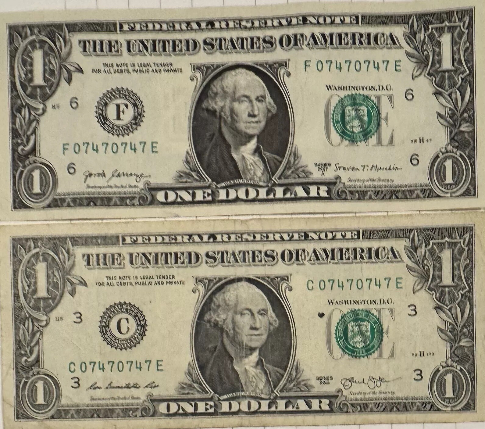 MUST See Rare Identical $1 Matching “Repeater” S/N #07470747 Trinary, Fancy, VC