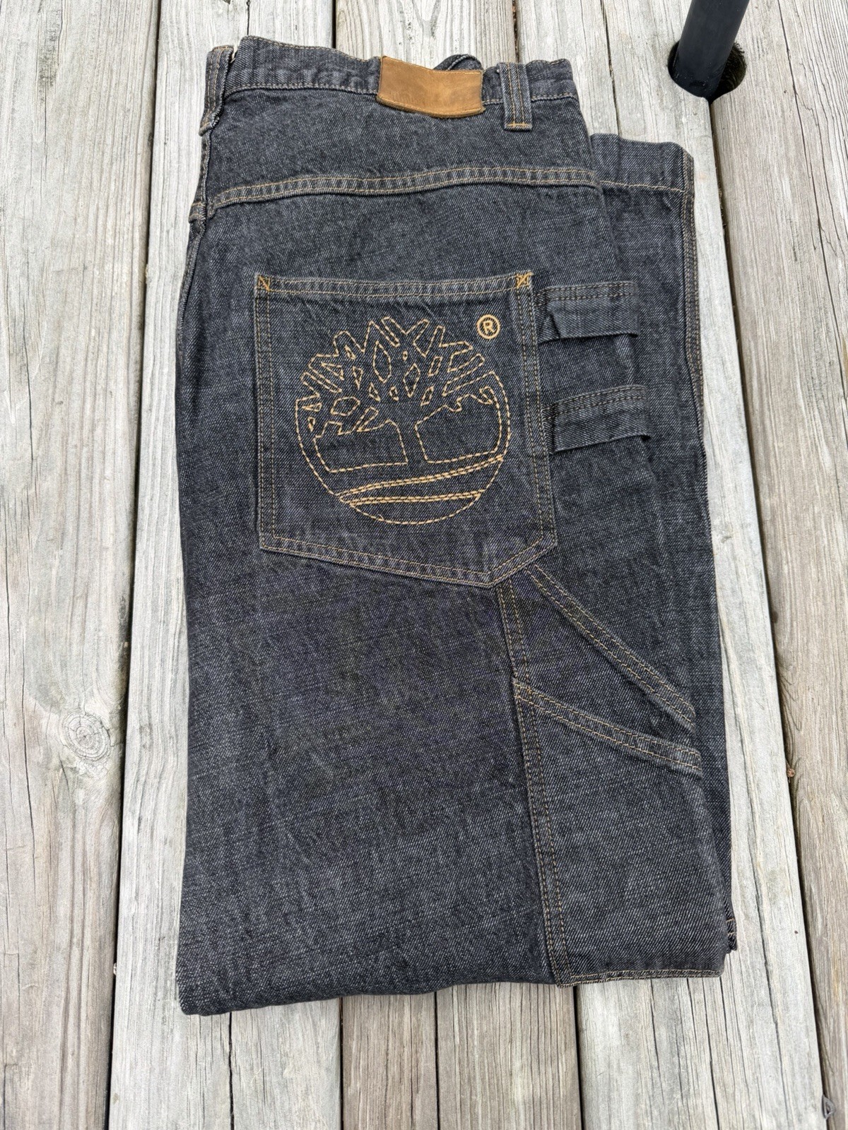 Vintage y2k 2000s timberland baggy denim jeans 38 X 34 Black wash embroidered