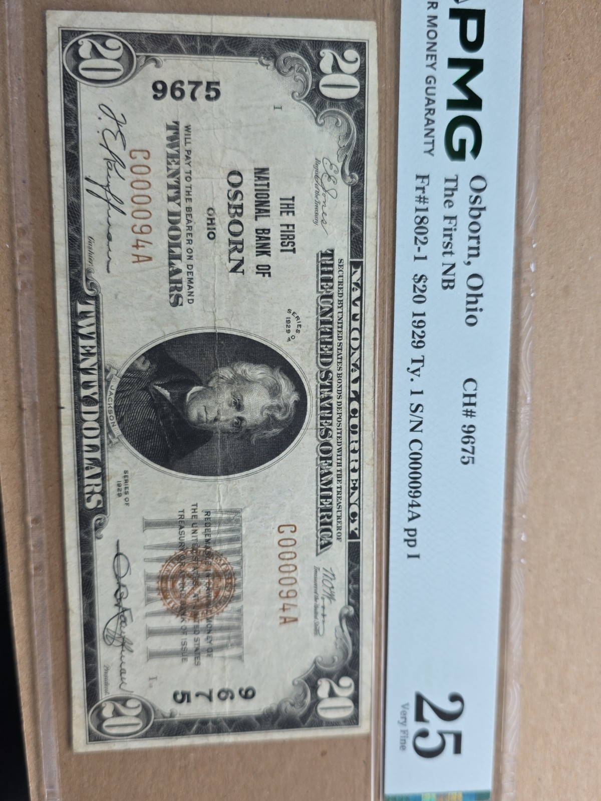 1929 $20 national bank note Low Serial Number  VF25