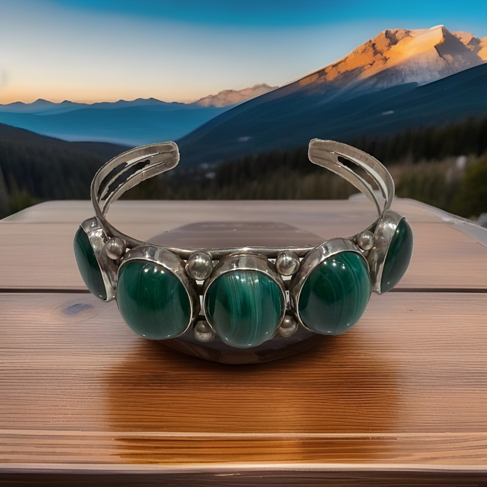 Vintage Navajo Sterling Silver Malachite Large Stones Cuff  44.1g Signed Sz 8.5”