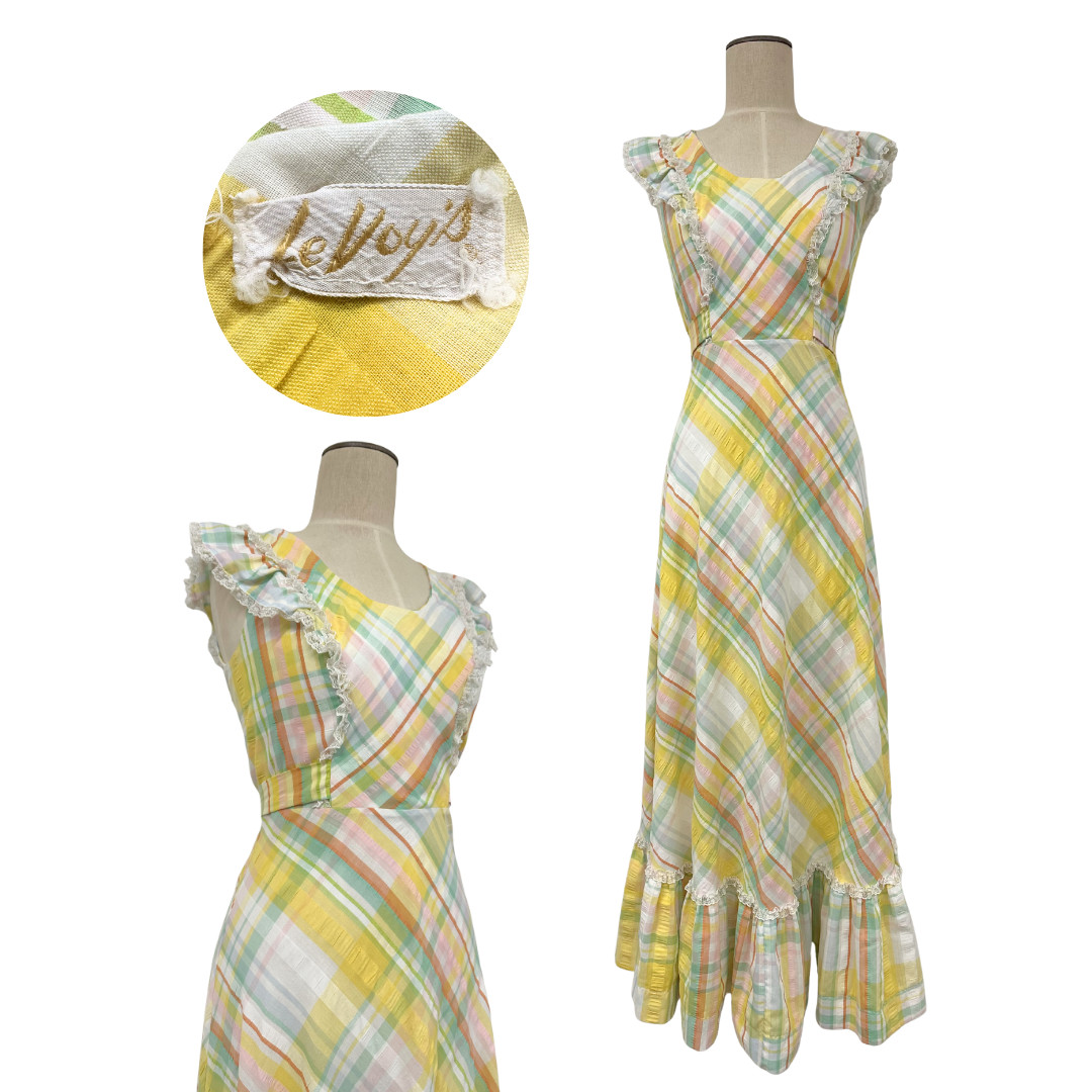 Vintage 1970s LeVoy\'s Seersucker Pastel Plaid Ruffle Lace Trim Apron Maxi Dress