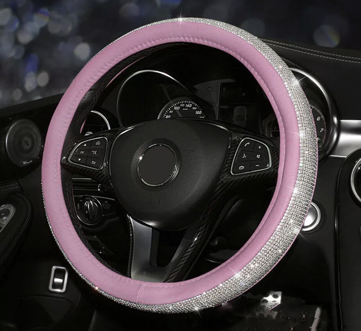 38cm/15\'\' 38cm Pink+Sliver Car Steering Wheel Crystal Bling Cover w/ PU Leather