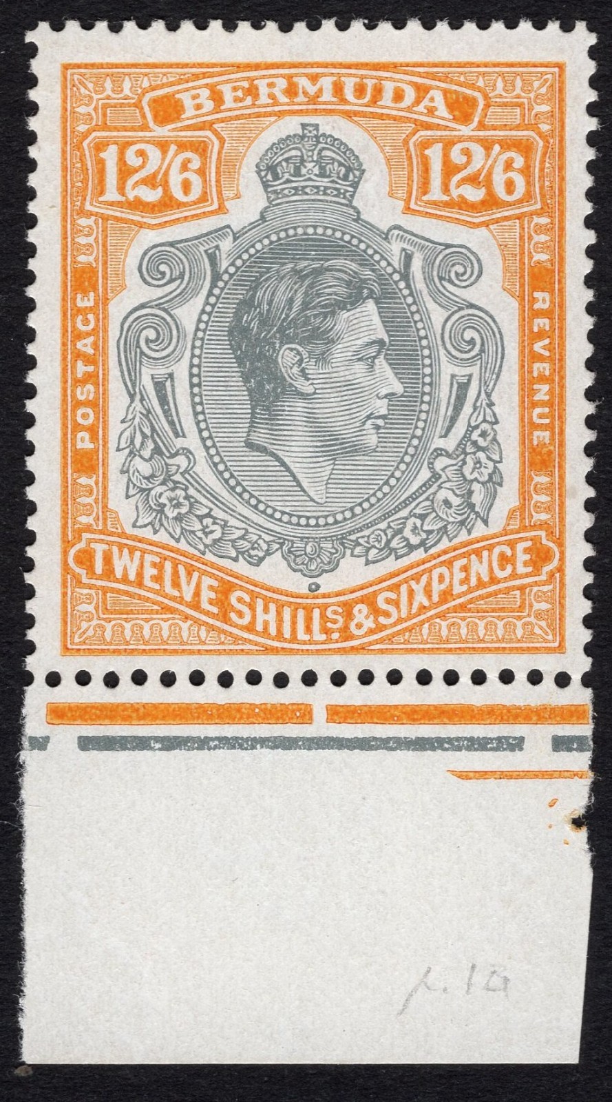 Bermuda 1944 KGVI SG 120c 12/6 Grey & Pale Orange Stamp Ordinary Paper  P14 MNH