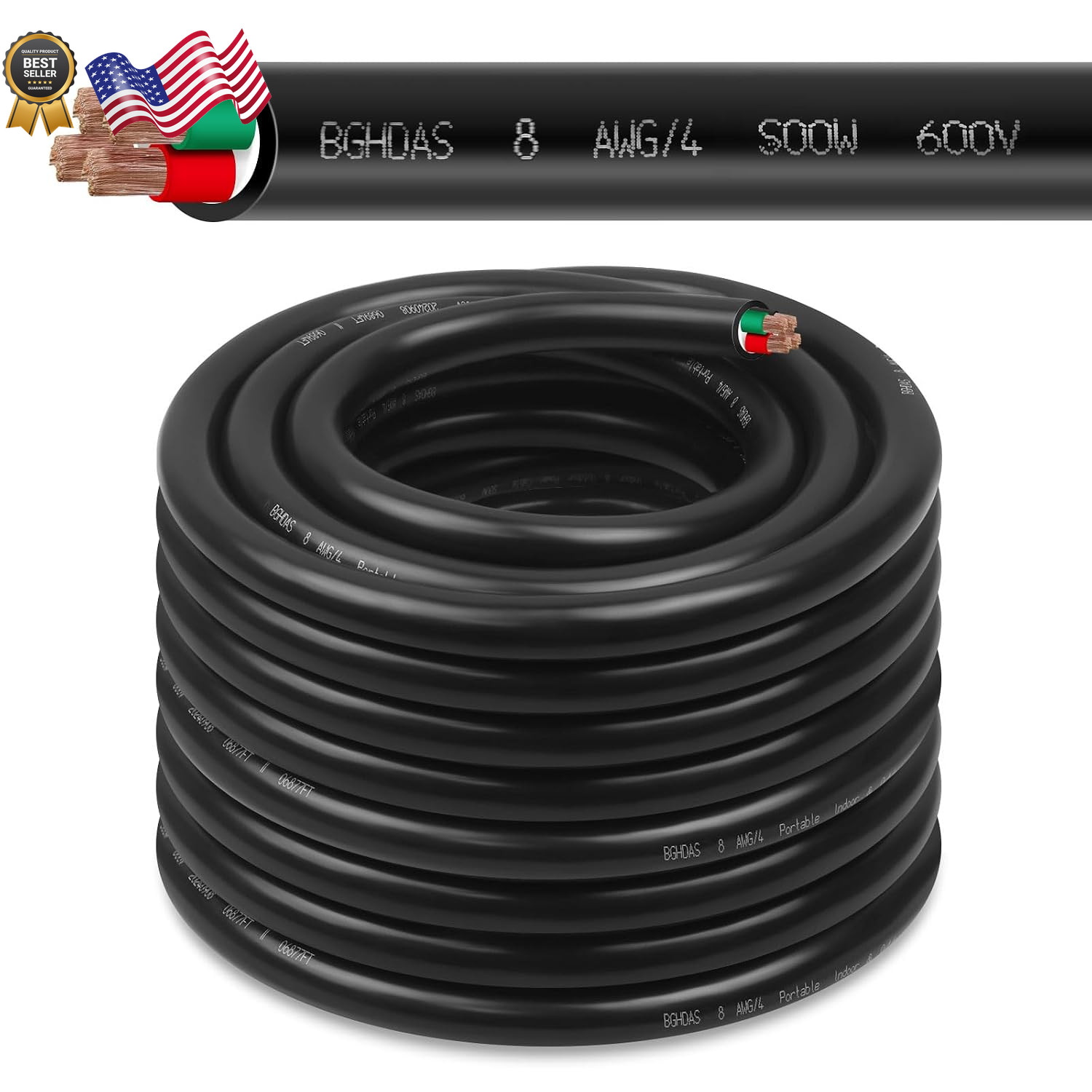 50ft 8/4 8 AWG Portable Power Cable (4 Conductor) SOOW 600V 8 Gauge Electric