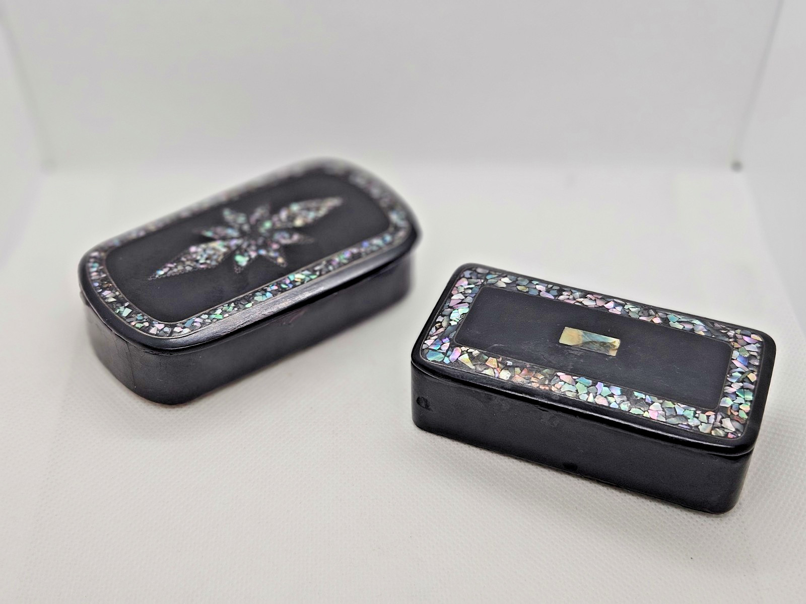 Antique Japanese Black Lacquer Raden Mother of Pearl Inlaid Boxes – Pair