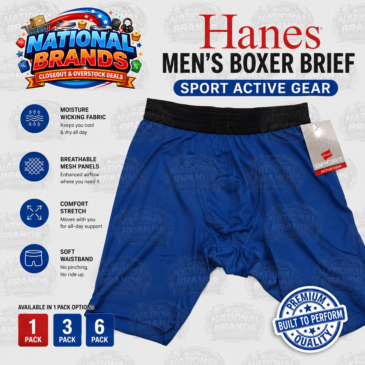 Hanes Men's Boxer Brief Sport Active Gear Available in 1 , 3 and 6 Pack - Blue