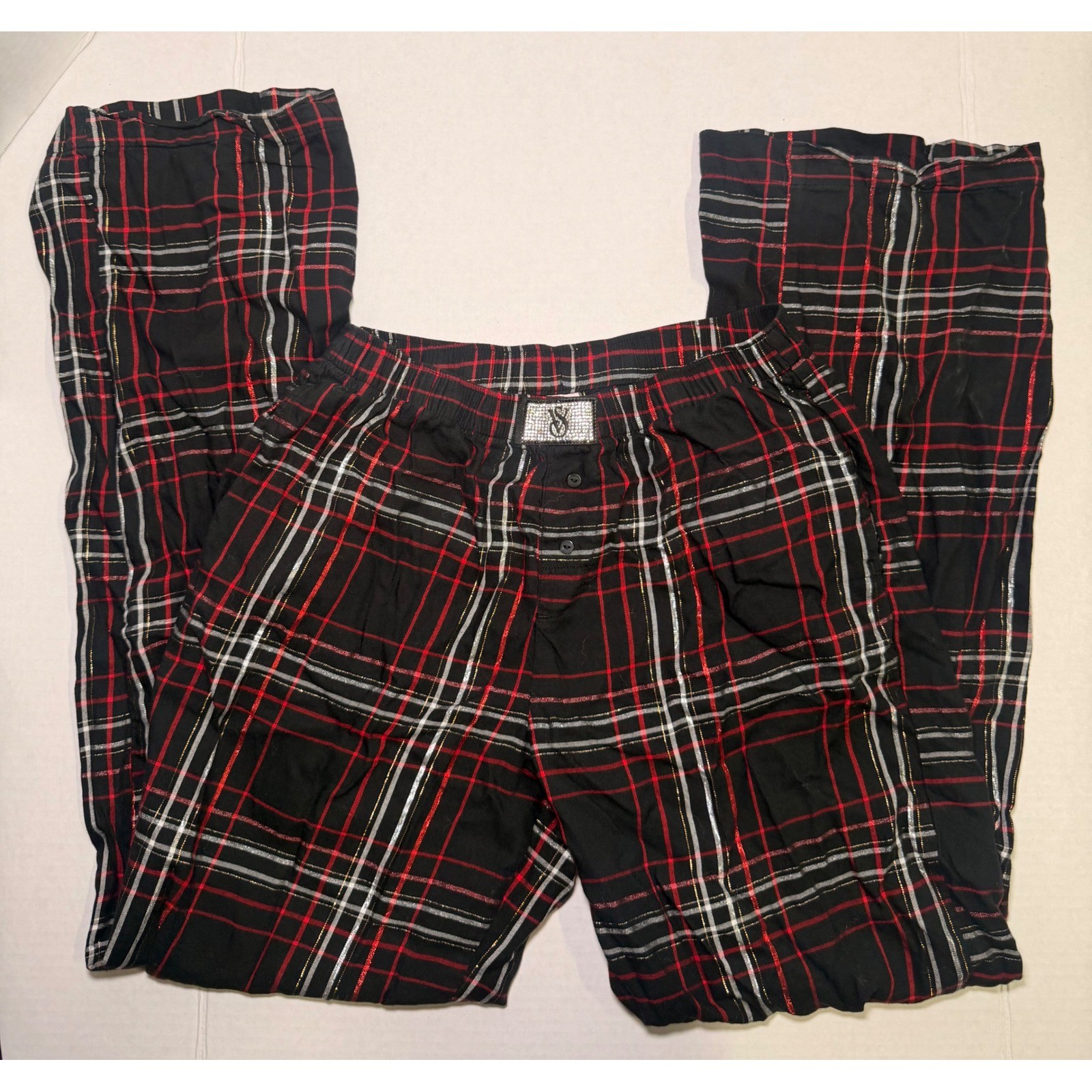 Victorias Secret Plaid Pajama Pants Red Black Gold Lurex Rhinestone Logo XS Reg Victorias Secret Plaid Pajama Pants Red Black Gold Lurex Rhinestone Logo XS Reg