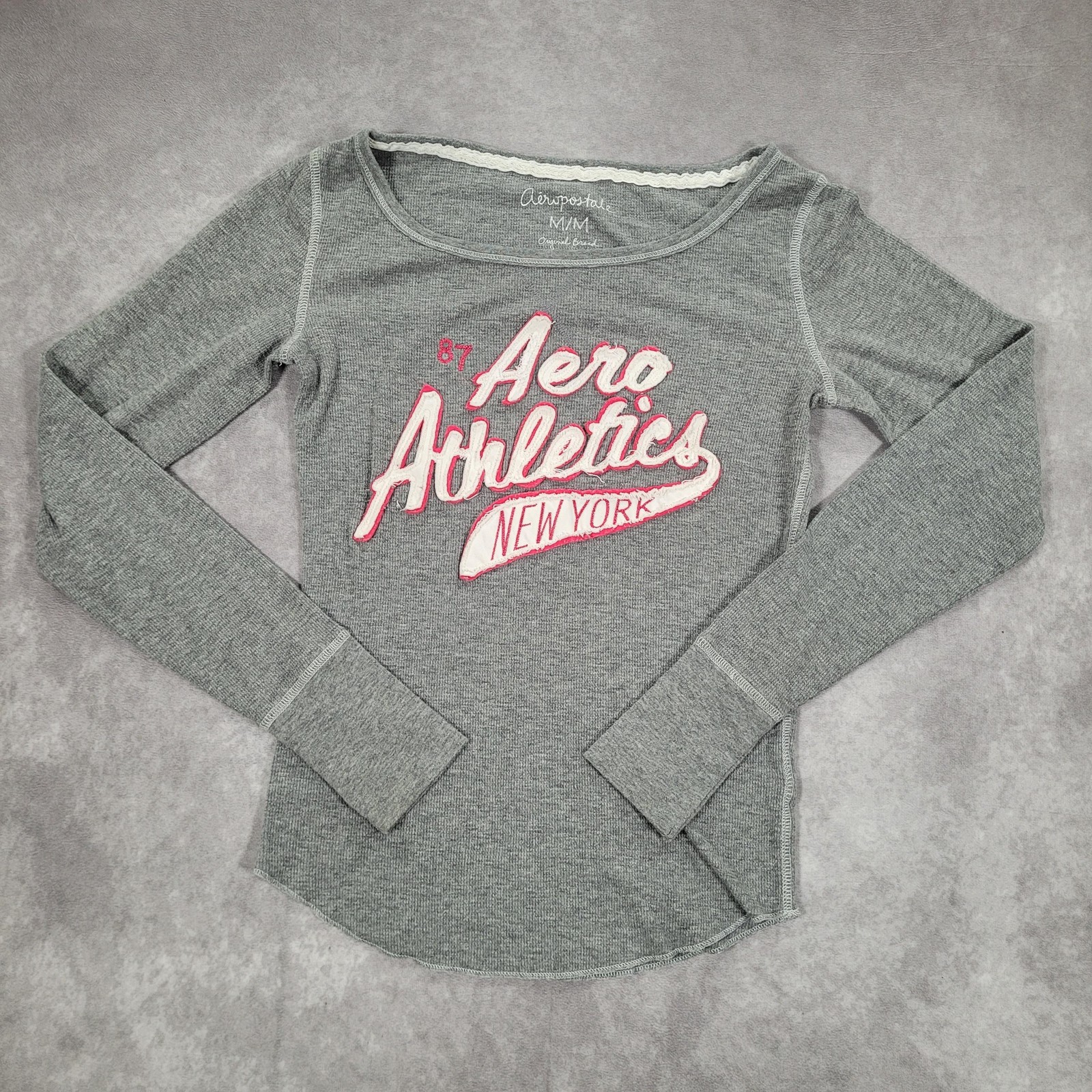 Aeropostale Shirt Womens Medium Gray Y2K Aero New York Thermal Preppy Script