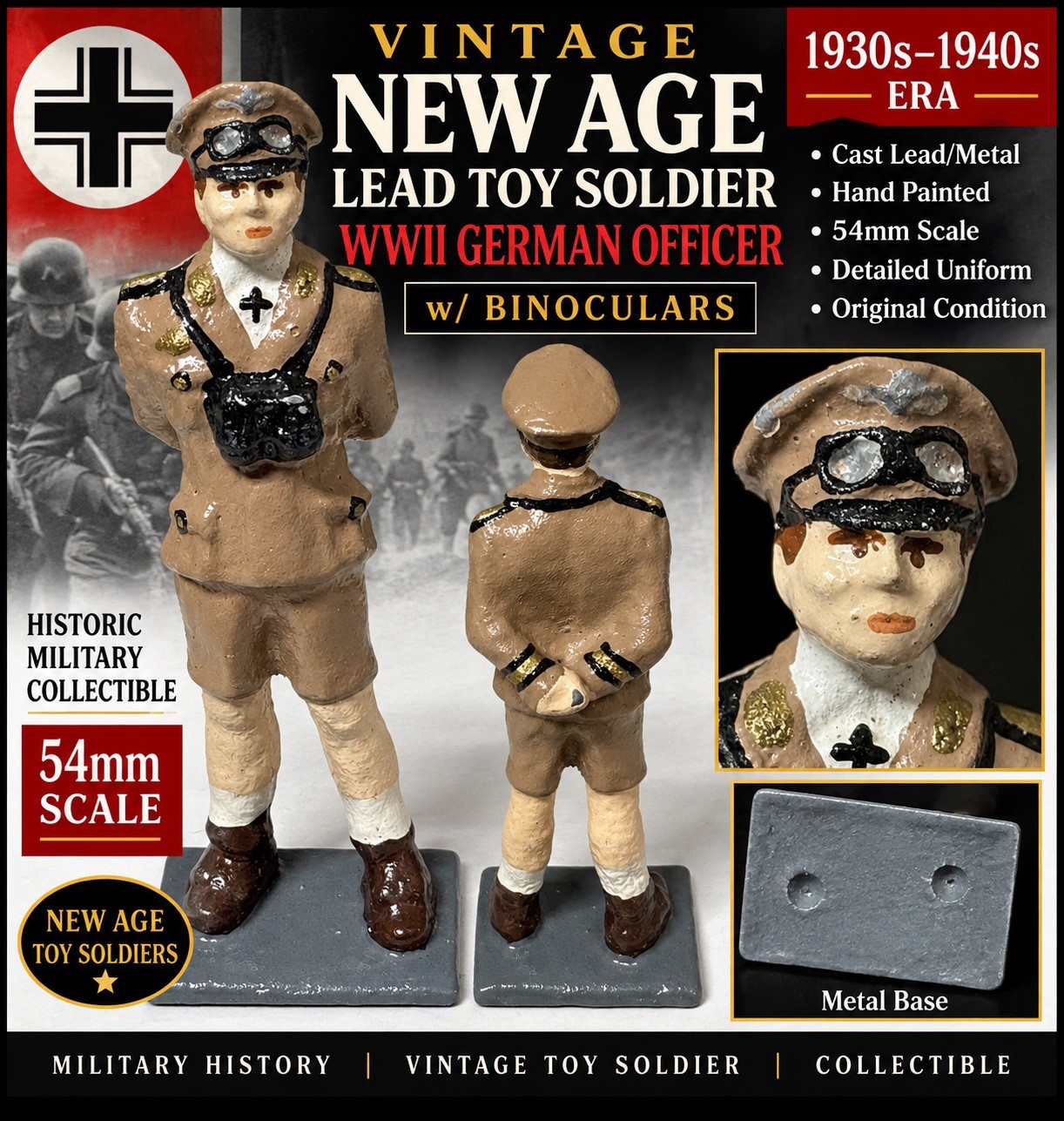 VTG 1940s Era New Age Lead Toy Soldier WWII German Officer w/ Binoculars 54mm