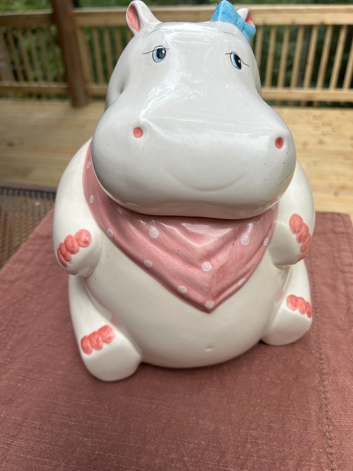 Vintage Ceramic Whimsical Hippo W/Pink Bandana & Blue Bow Cookie Jar
