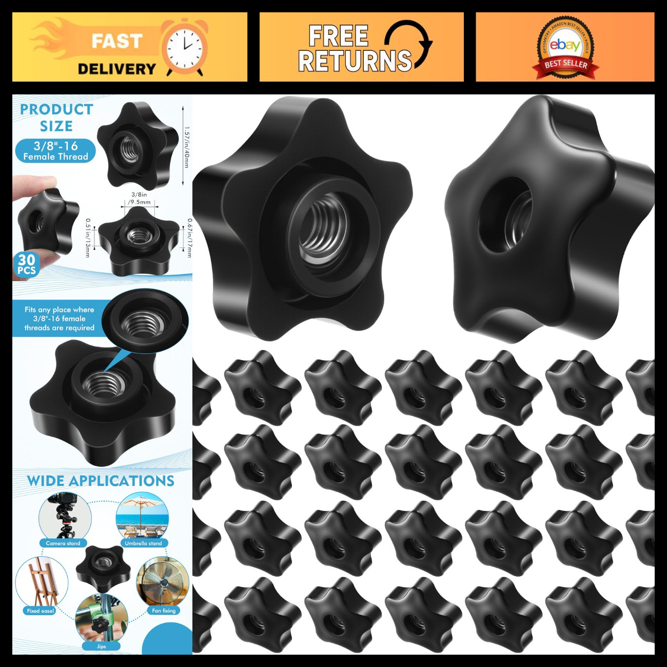 30 Pcs Black Plastic 5-Star Female Threaded Knobs, 3/8 30 Pcs Black Plastic 5-Star Female Threaded Knobs, 3/8