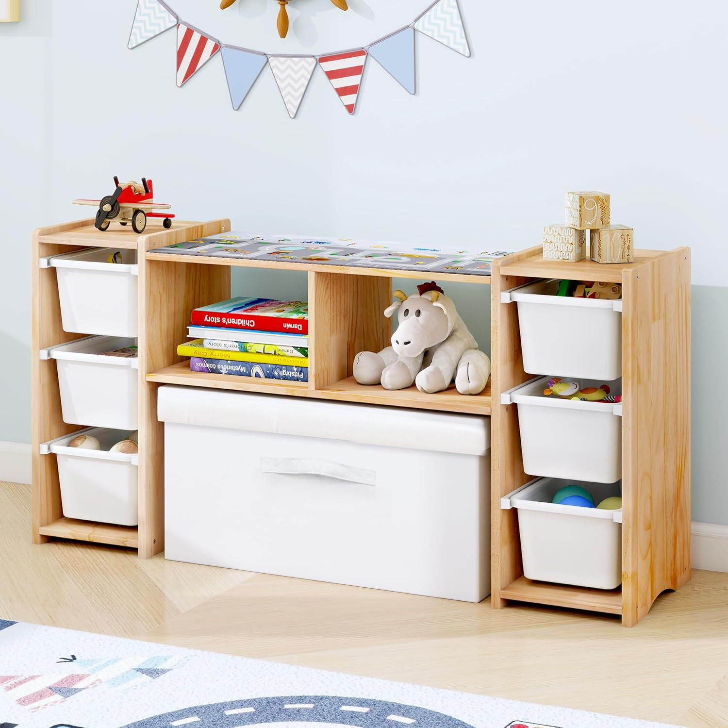Montessori Shelf for Kids - 100% Solid Pine Wood with 6 Removable Plastic Bins,