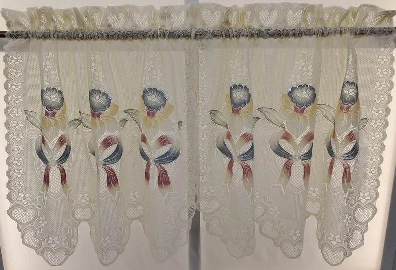 VINTAGE NEW Ecru Beige Swiss Dot Lace Airbrushed Scalloped Cutout Privacy Tiers