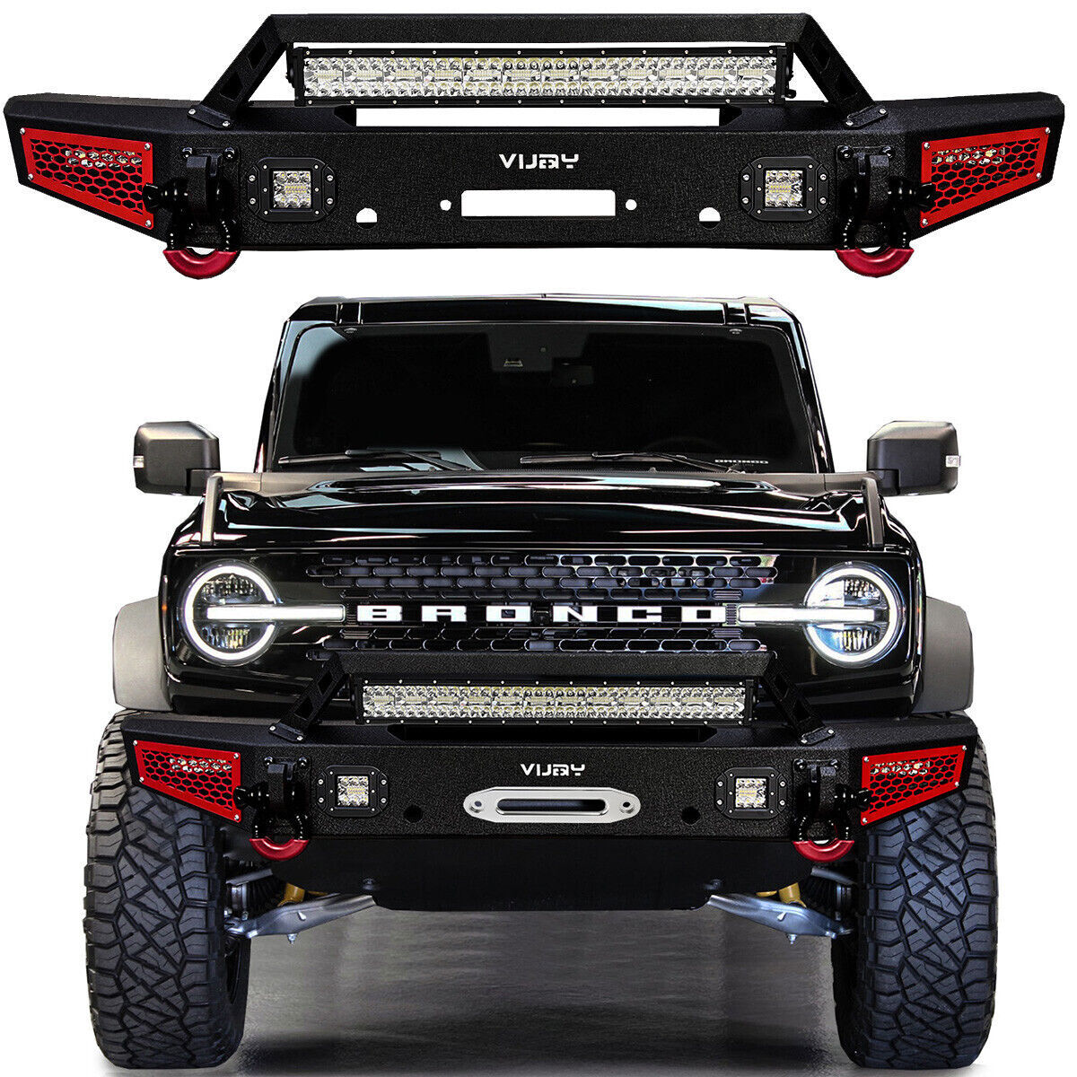 Vijay For 2021-2024 Ford Bronco Front Bumper with 5xLED Lights and D-Rings