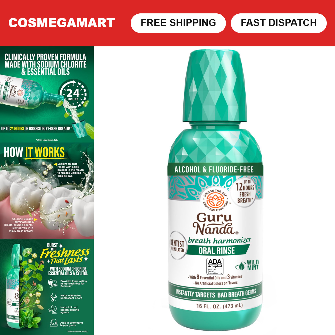 Fresh Breath Mouthwash, Alcohol-Free, ADA-Accepted, 7 Essential Oils, Wild Mint,