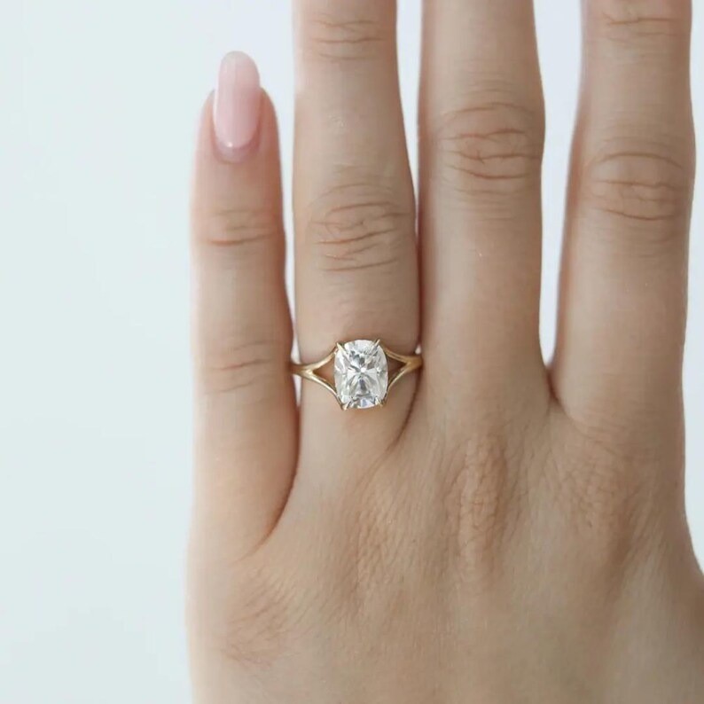 Ring 1.5 CT Long Cushion Moissanite 14K Yellow Gold Dainty Band Women Ring