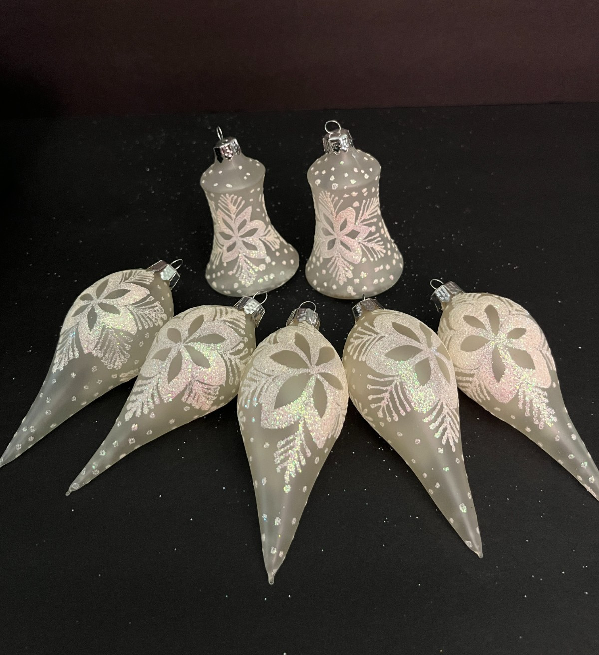 Vtg frosted glass Christmas ornaments teardrop/bell ivory sparkle accents 7 pc Vtg frosted glass Christmas ornaments teardrop/bell ivory sparkle accents 7 pc