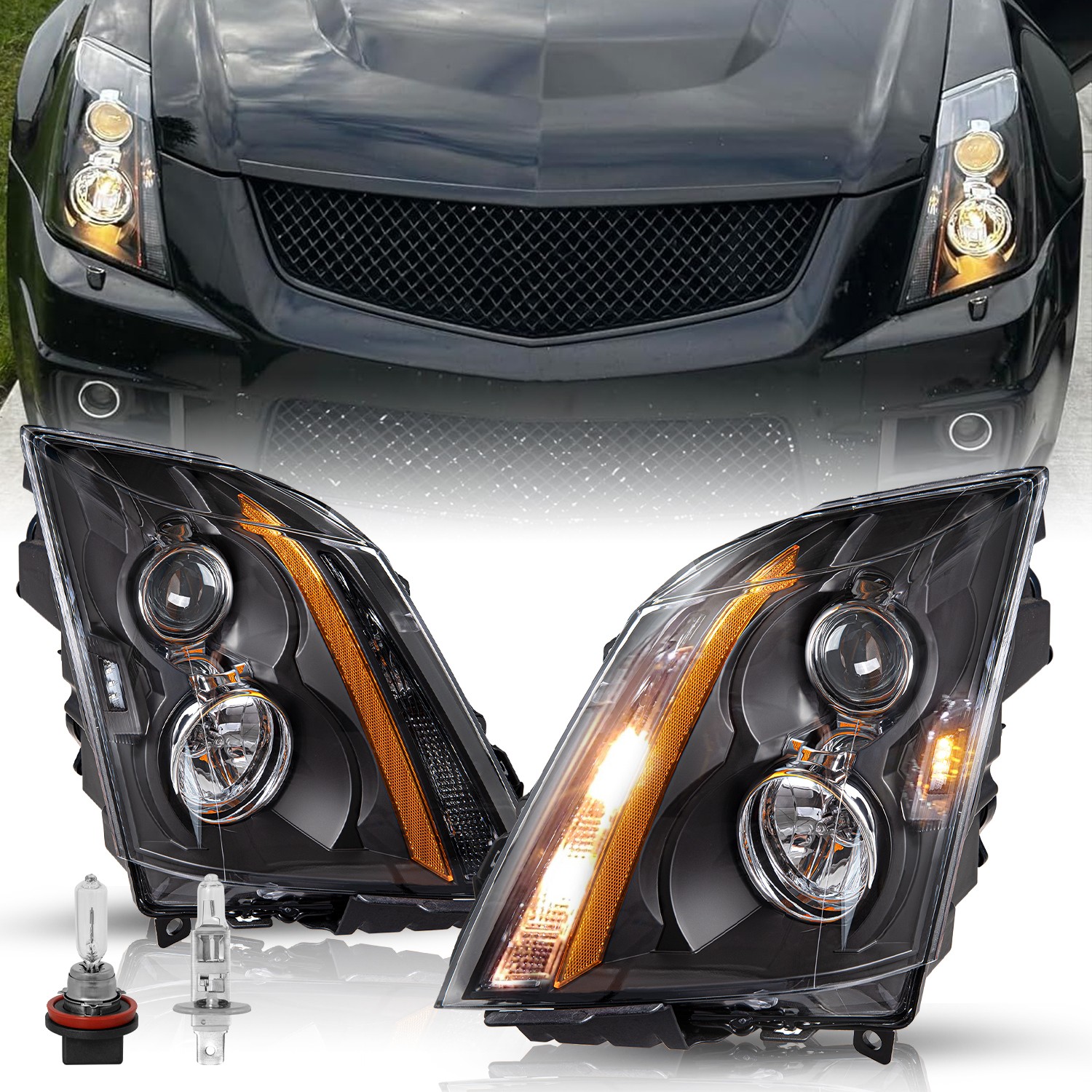 2PCS Halogen Black Headlights Projector w/Bulbs For Cadillac CTS 2008-2014 2015