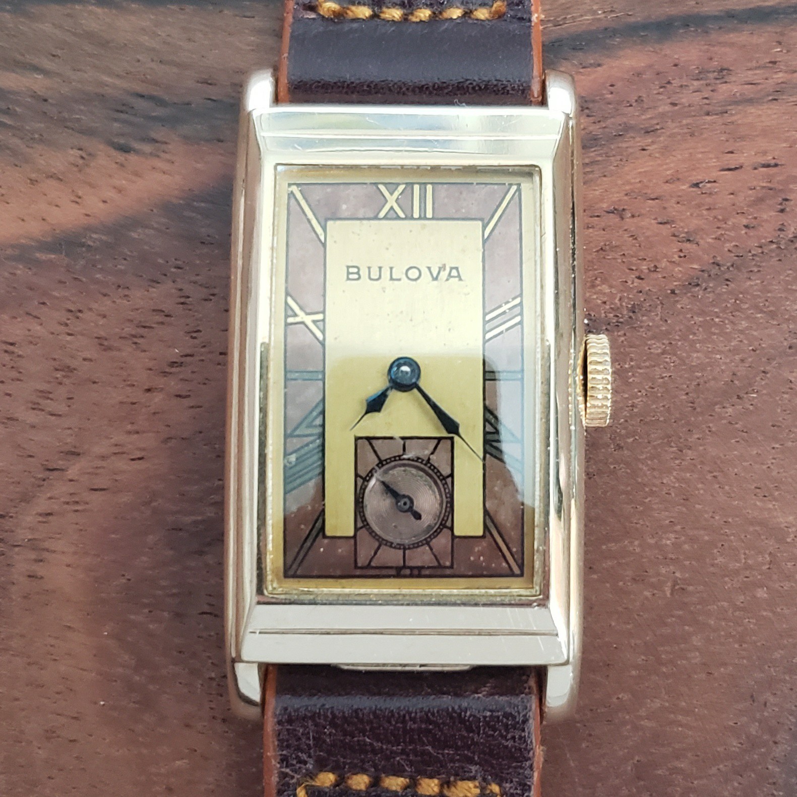 1941 Bulova 14K Solid Gold Men\'s Tank Case Art Deco Wristwatch Vintage 7AP 21J