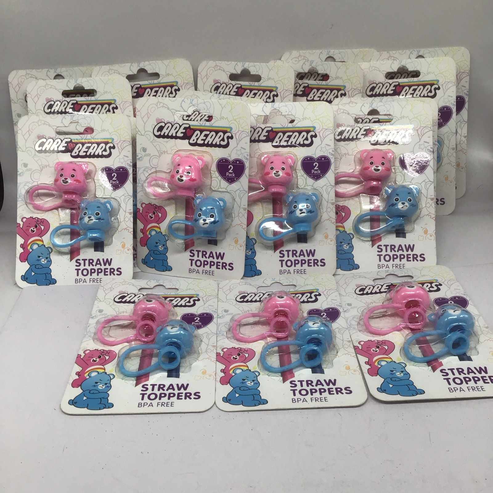 Huge Reseller Care Bear 10mm Straw Topper 2 Pk lot of 20 Cheer Bear/Grumpy Bear