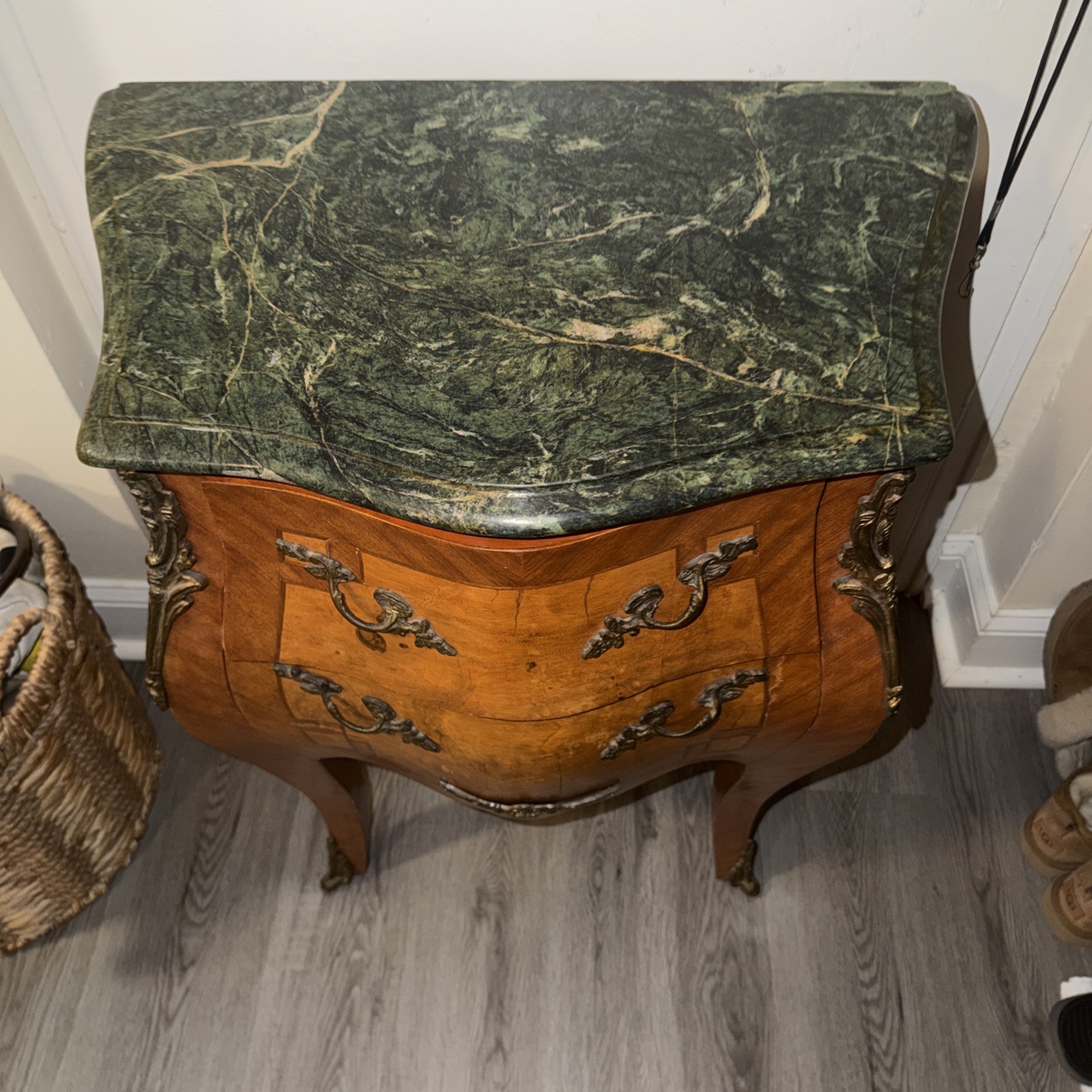 Vintage Antique C. French Louis XV Bombe Commode Marquetry Chest, Green Marble T