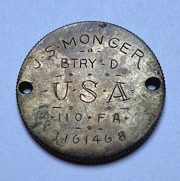 WW1 US ARMY 29th DIV. 110TH FIELD ARTILLERY TRENCH ART ID'd DOG TAG 2 FRANC COIN