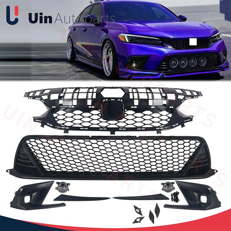 For 2022-2024 Civic Gloss Black Type R Style Upper Lower Grilles Fog Lights Kit For 2022-2024 Civic Gloss Black Type R Style Upper Lower Grilles Fog Lights Kit