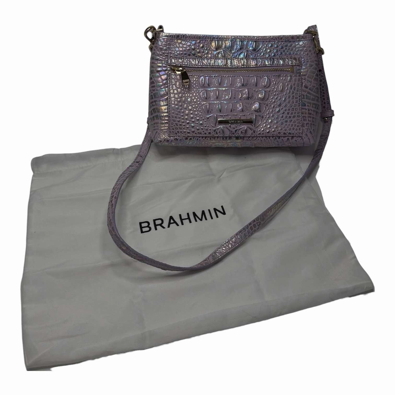 Brahmin Vida Iridescent Lavender Purple Croc Embossed Leather Crossbody Bag Brahmin Vida Iridescent Lavender Purple Croc Embossed Leather Crossbody Bag