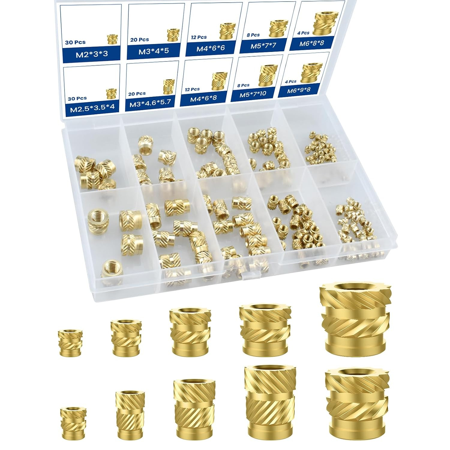 148 Pcs Threaded Inserts Assortment Kit, M2 M2.5 M3 M4 M5 M6 Brass Heat Set 148 Pcs Threaded Inserts Assortment Kit, M2 M2.5 M3 M4 M5 M6 Brass Heat Set