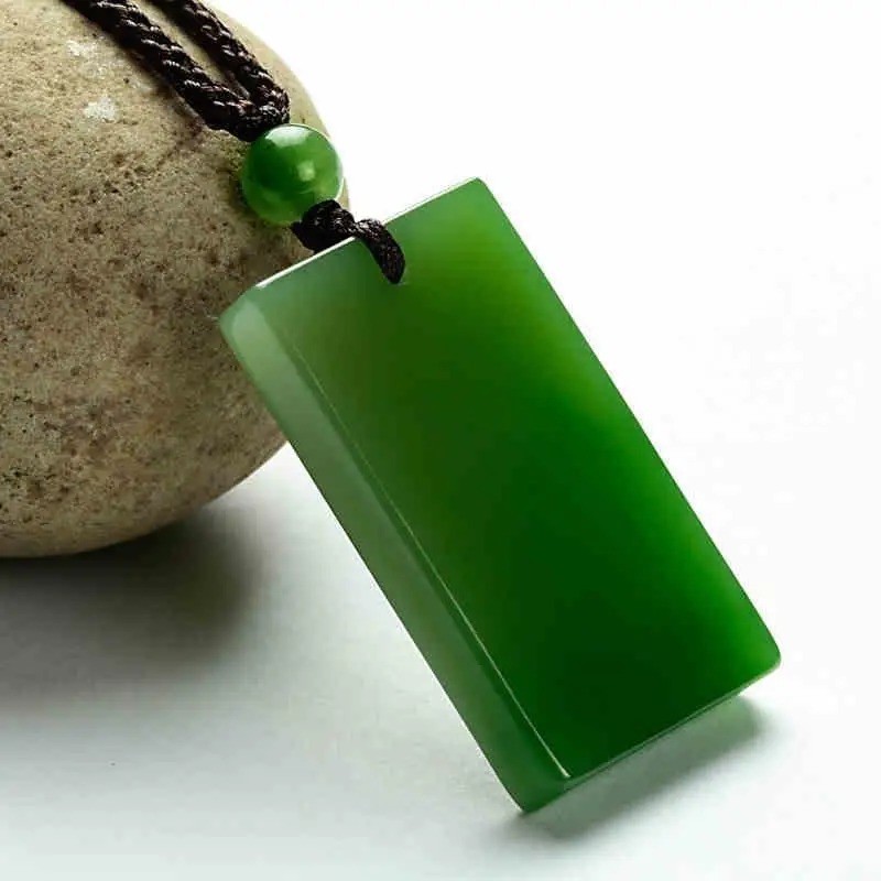 Natural Green Jade Rectangular Smooth Necklace Pendant Women Men