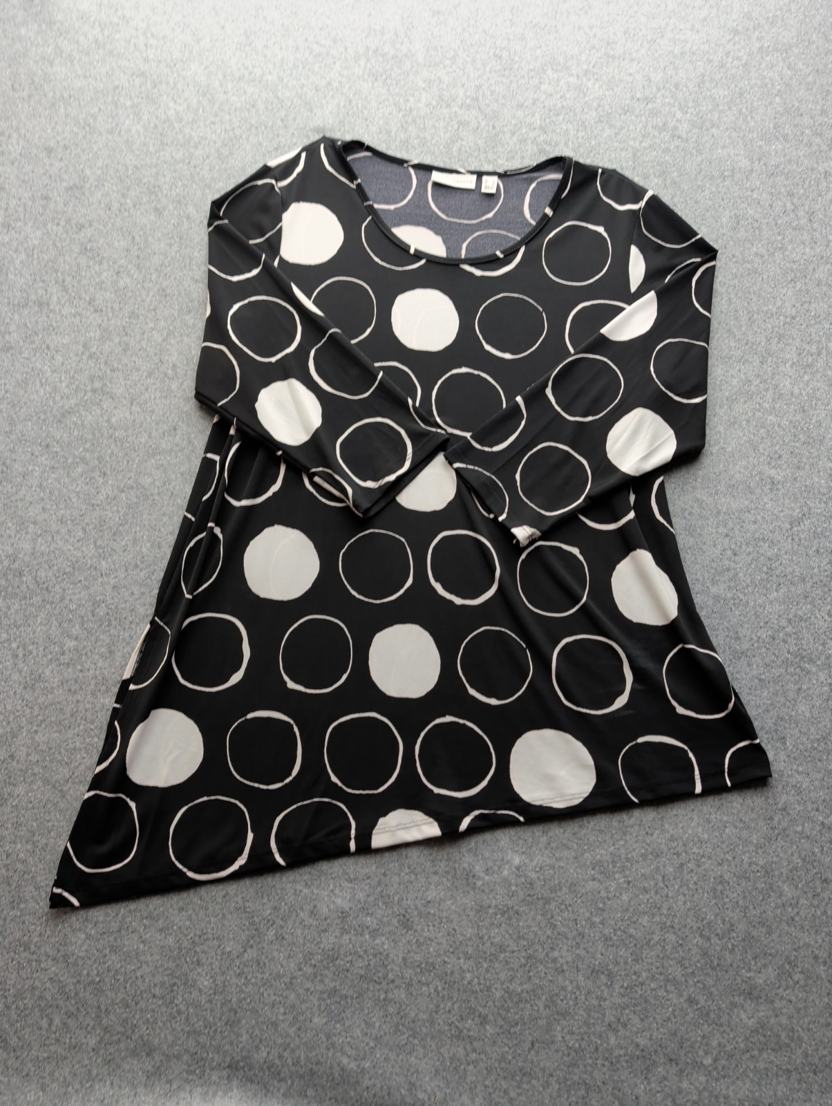 Susan Graver Women\'s Tunic Top Sz L Lg Sleeves Poly Spandex Black White Dots