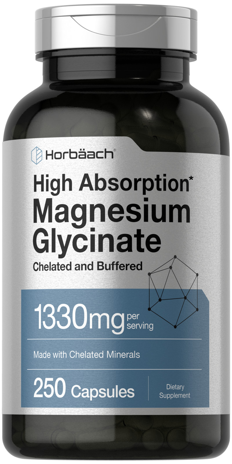 Magnesium Glycinate | 1330mg | 250 Capsules | Buffered & Chelated | by Horbaach