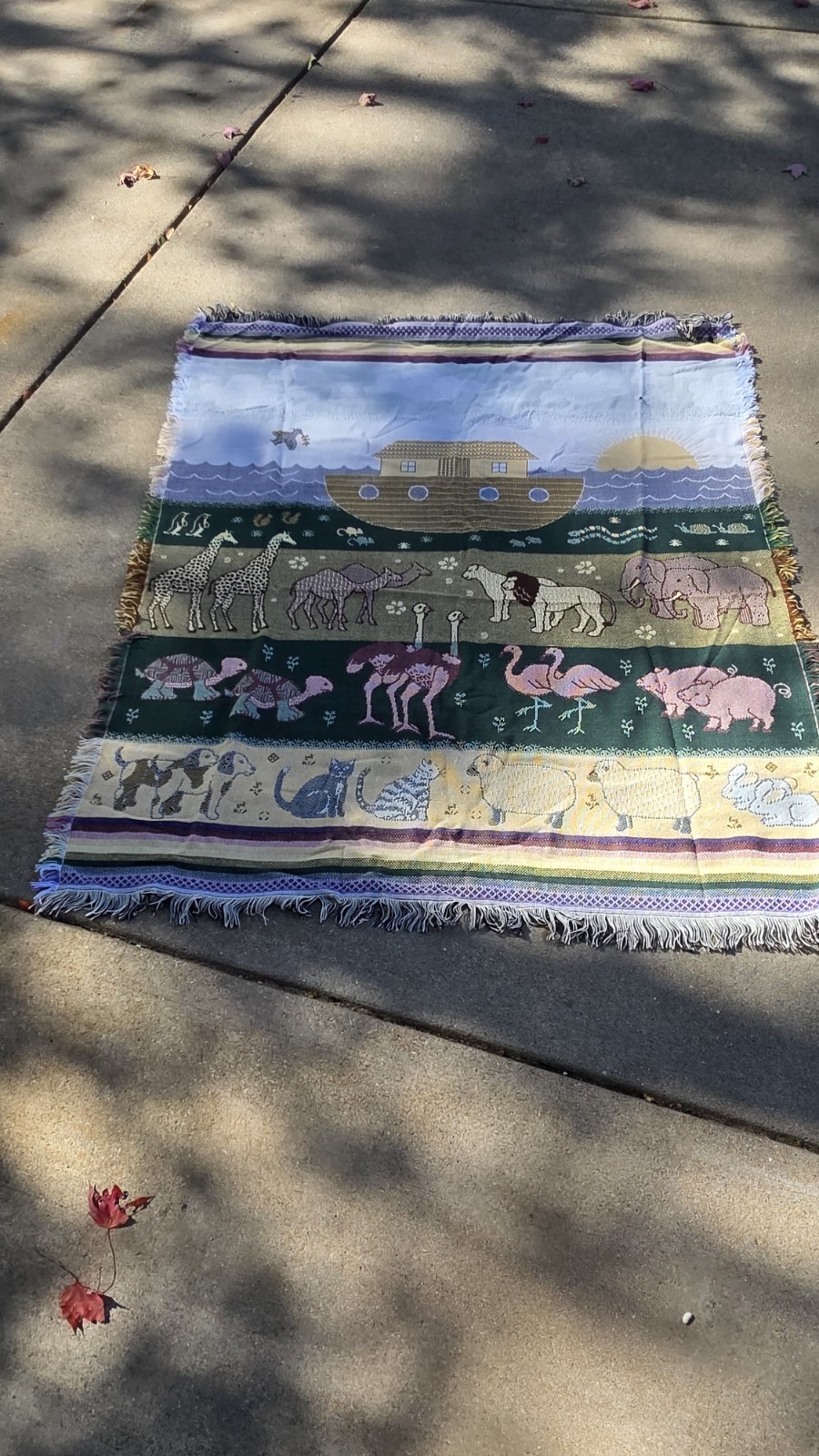 Vintage 1996 American Weavers Noah\'s Ark Tapestry Throw Blanket Fringed USA