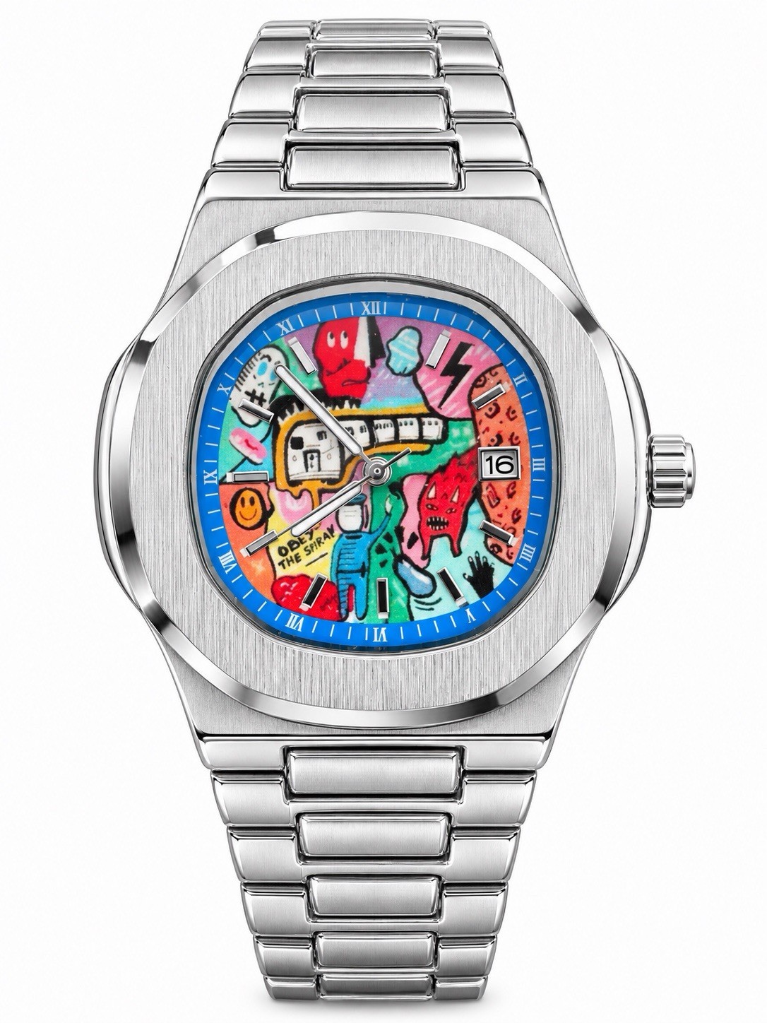 Graffiti Art Dial Watch Silver Tone Bracelet Colorful Streetwear Date Analog