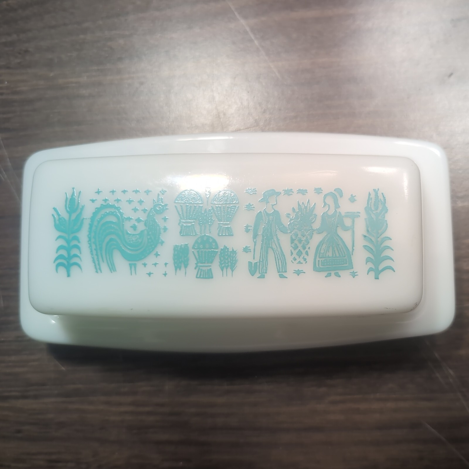 Vintage Pyrex Amish Butter print Covered Butter Dish Turquoise / Milk Glass MINT