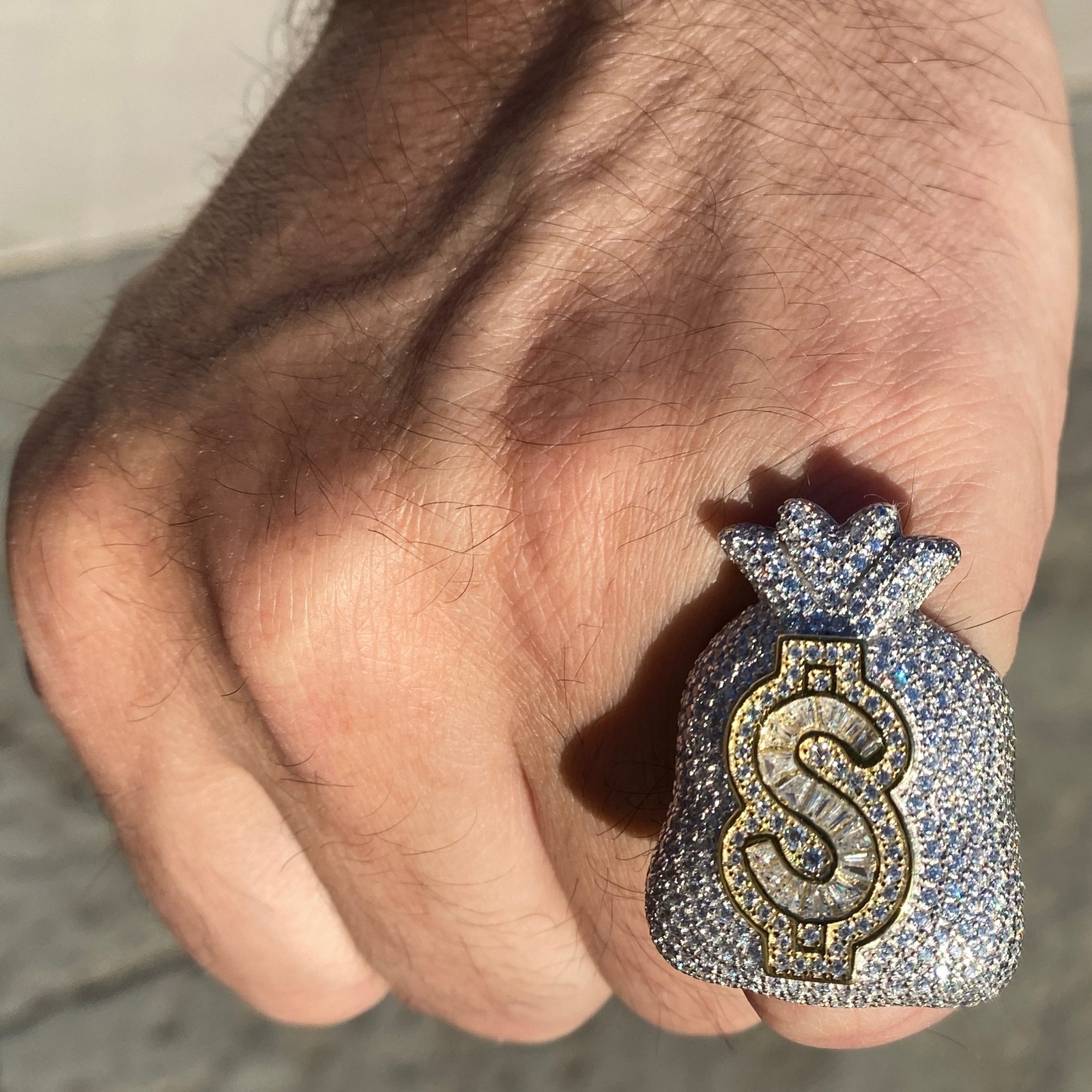 Men's Huge 925 Silver Money Bag $ Dollar Sign Iced Flooded Out CZ Hip Hop Ring