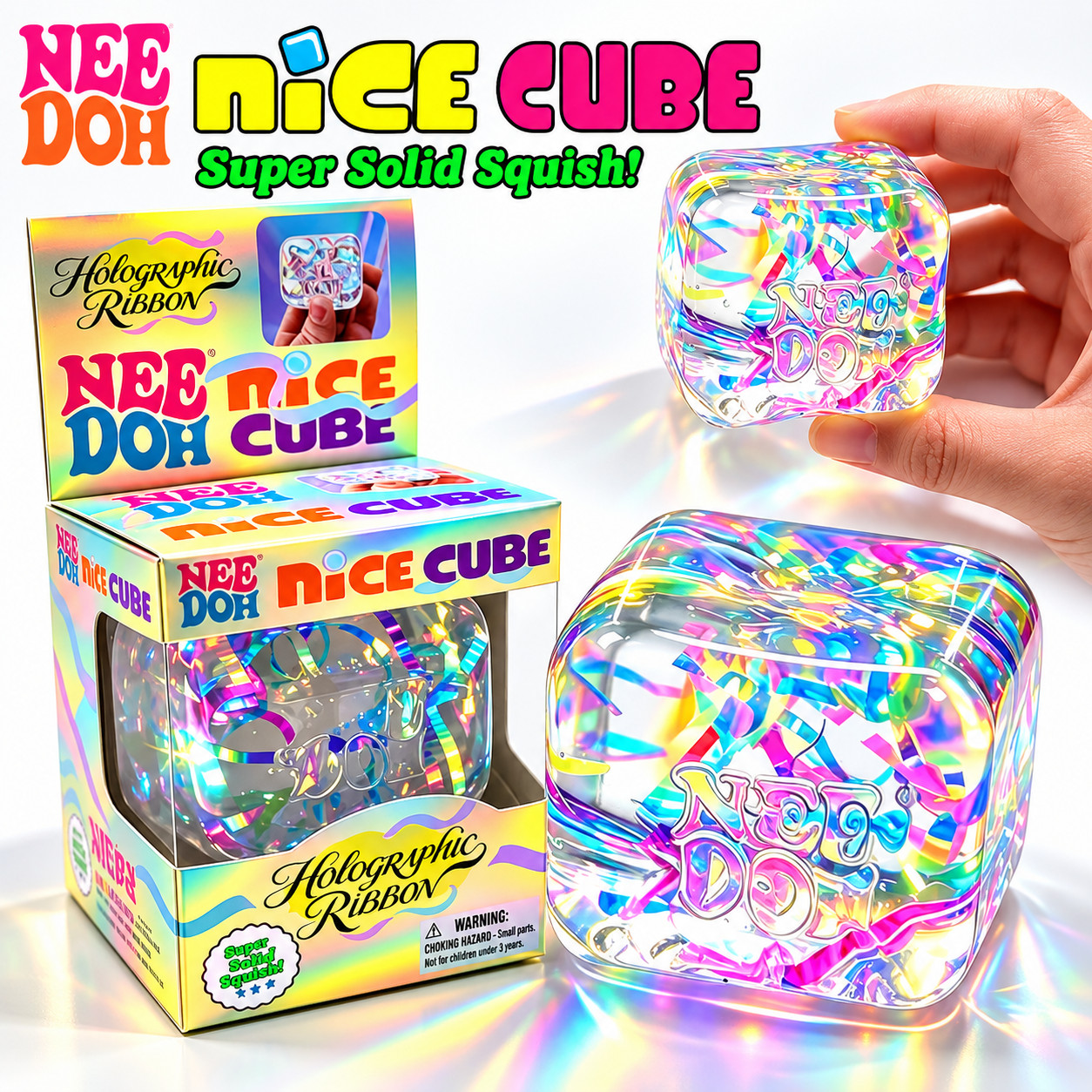 NeeDoh Nice Cube Holographic Ribbon – Super Solid Squish Sensory Toy – New