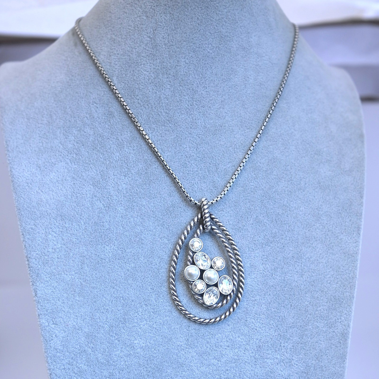 Brighton Monte Carlo Teardrop Pendant Necklace Rhinestone Pearl Silver Retired