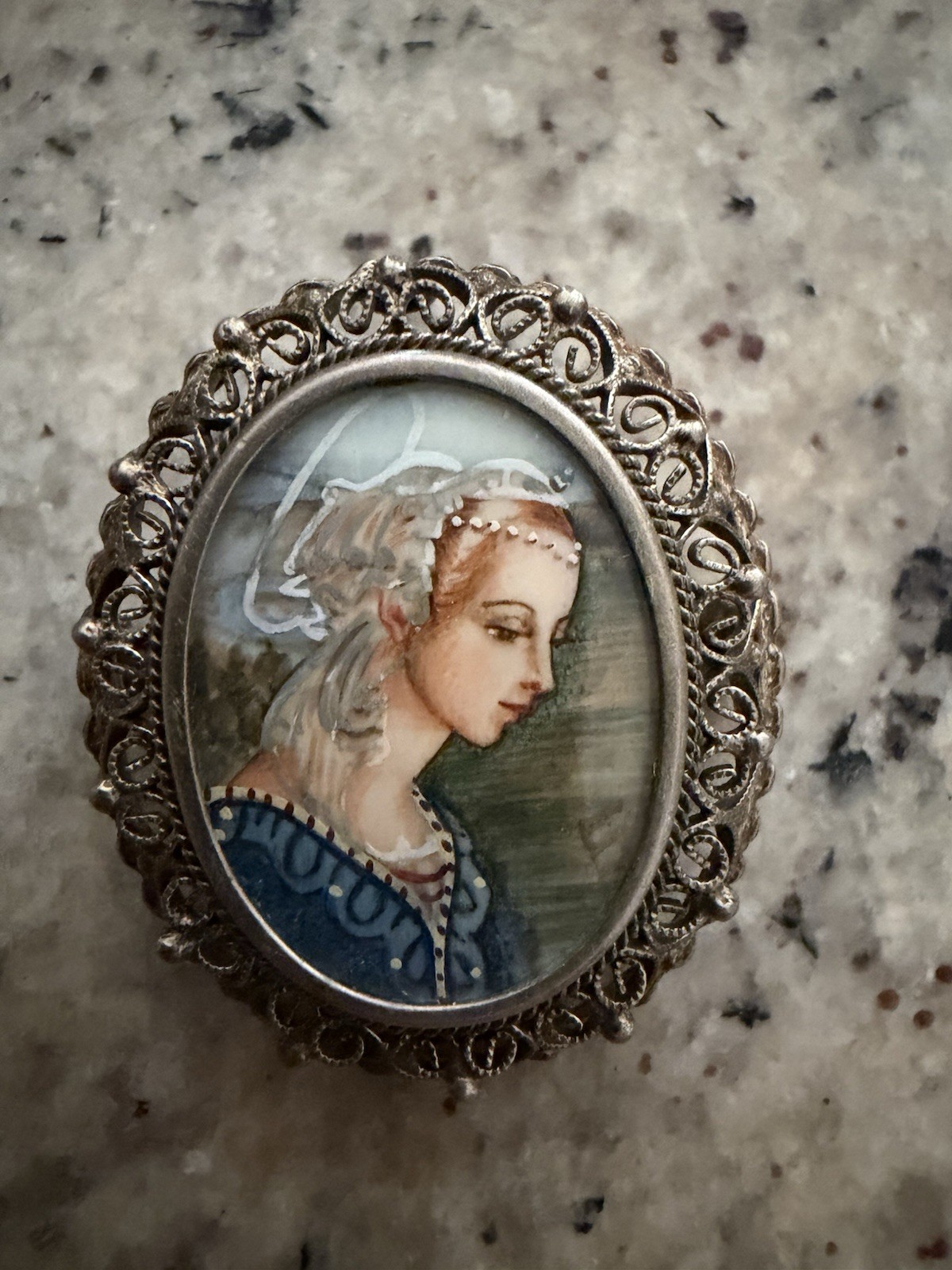 Antique 800 Silver Filigree Miniature Portrait Brooch Pendant Hand Painted Lady