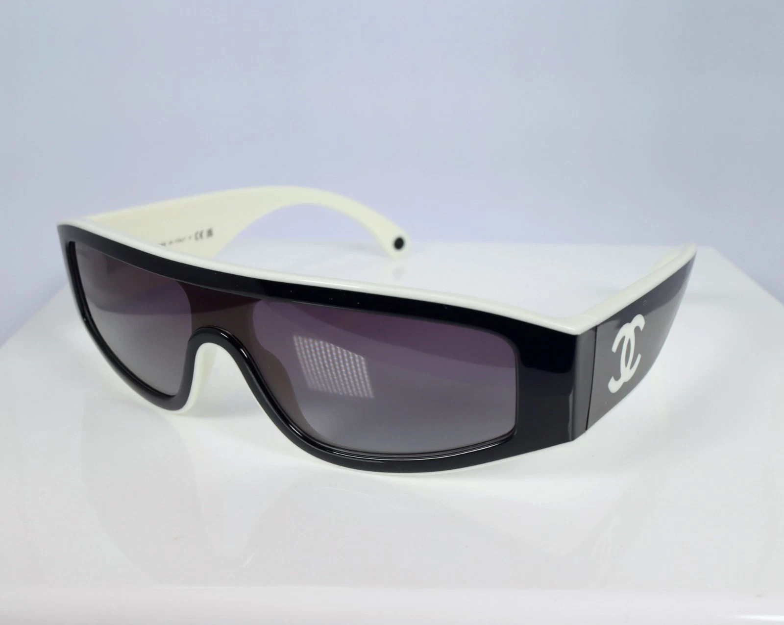 Chanel CH6057 Shield Sunglasses in Black and White with Gray Lenses