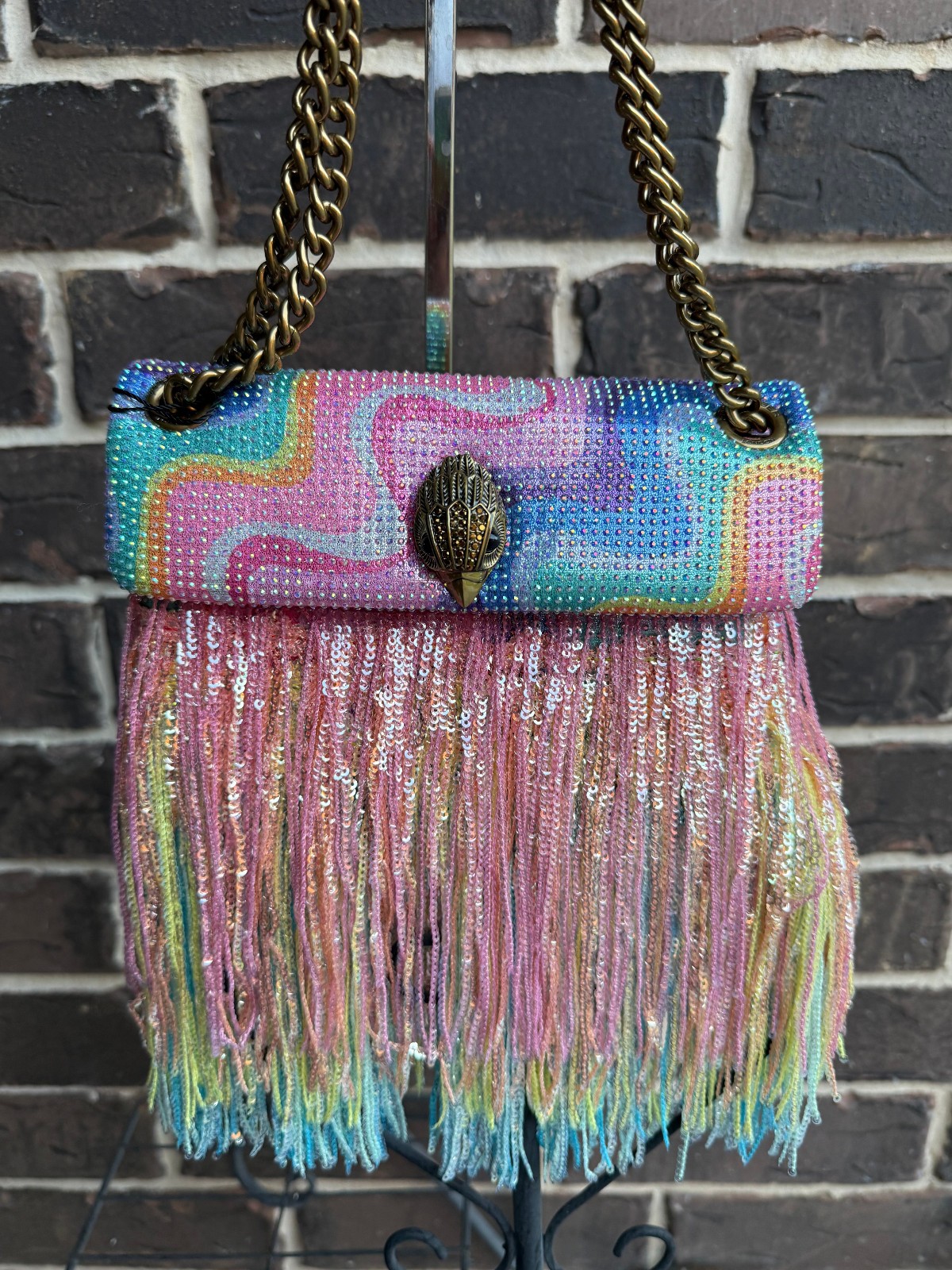 NWT $248 Kurt Geiger Mini Kensington Crossbody Fabric Fringe multi