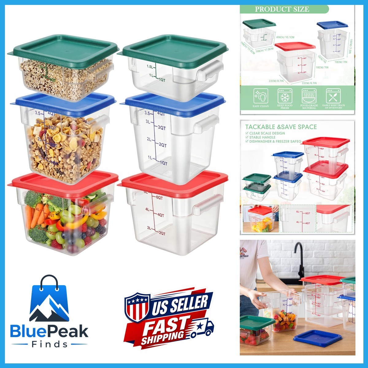 Lallisa 6 Pcs Food Storage Containers Lids Clear Square Food Containers Handles