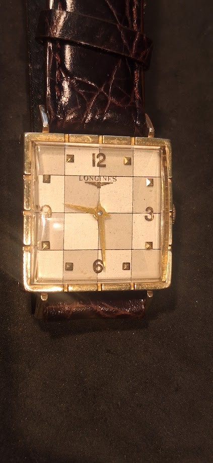 Rare 1956 Longines mens watch with checker dial with original box, running.