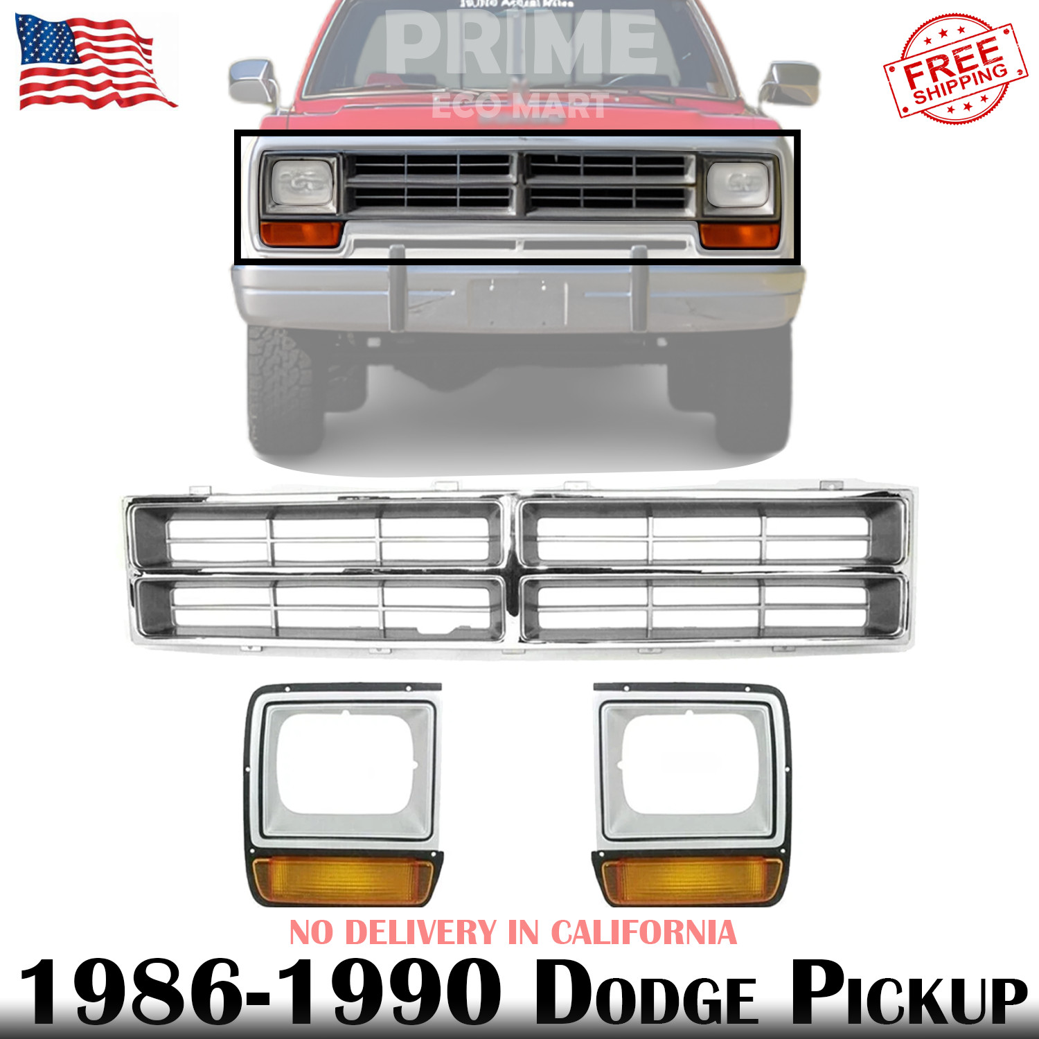 New Front Grille Chrome + Headlight Bezels LH & RH For 1986-1990 Dodge Pickup