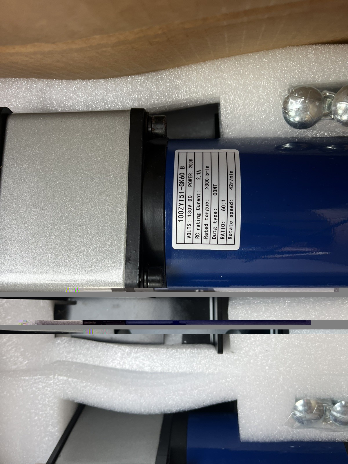 DPS DC MOTOR 100ZYT51=GK60 130VDC 200W 300Lb/in Torque 42RPM 60:1 Gear Reducer